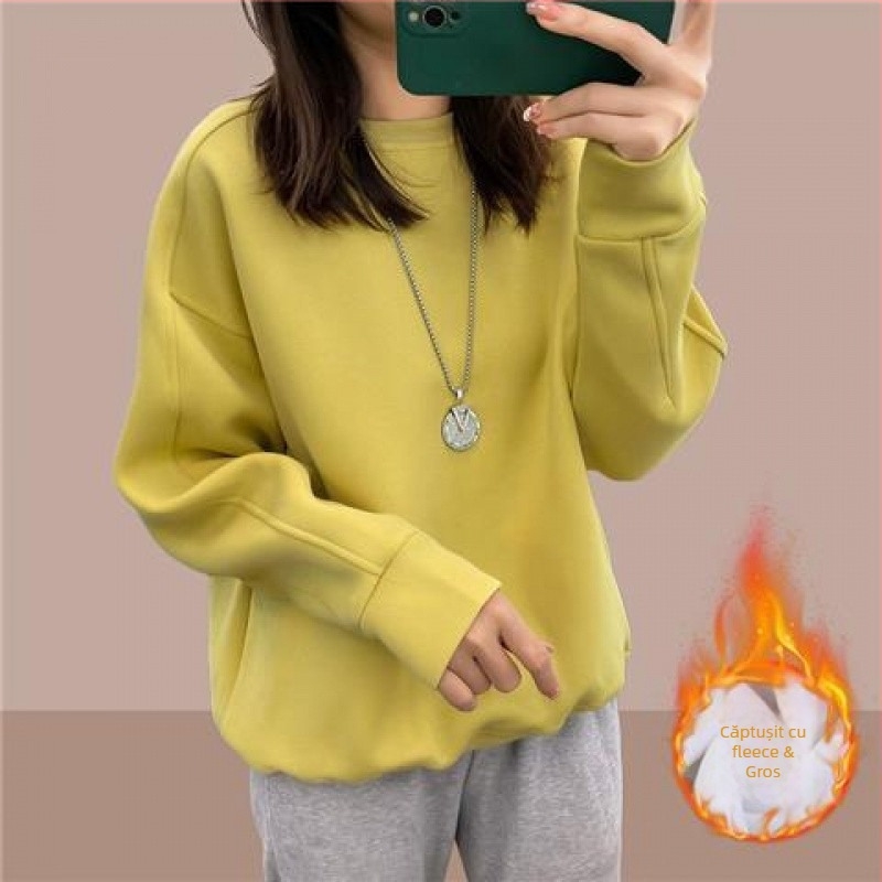 Hanorac femei cu glugă, căptușeală groasă din fleece, 95% bumbac, guler rotund, mâneci lungi
