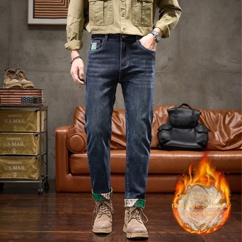 Jeansi - căptușiți cu fleece, drepti, talie medie, fermoar, denim cu elastan, broderie