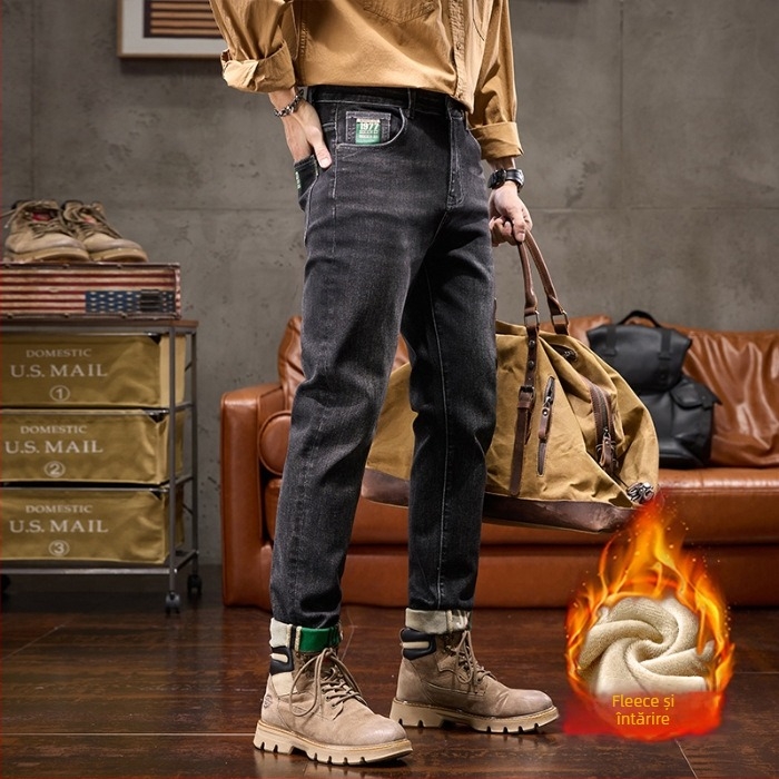 Jeansi - căptușiți cu fleece, drepti, talie medie, fermoar, denim cu elastan, broderie