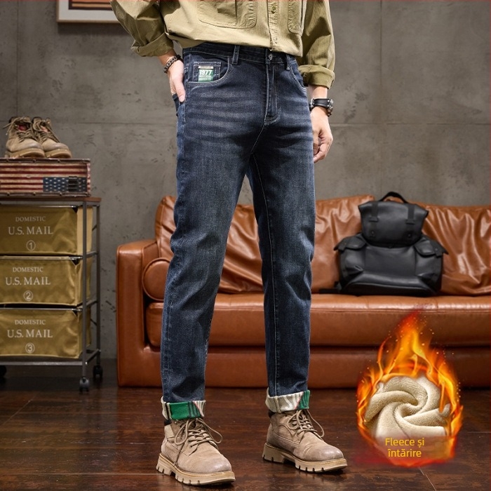 Jeansi - căptușiți cu fleece, drepti, talie medie, fermoar, denim cu elastan, broderie