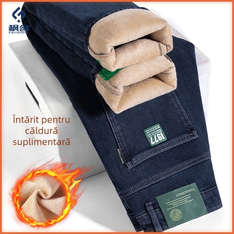 Jeansi - căptușiți cu fleece, drepti, talie medie, fermoar, denim cu elastan, broderie