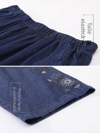 Pantaloni de toamnă pentru femei de vârstă mijlocie și vârstnice, croială lejeră, amestec din bumbac, elasticitate ușoară, lungime 9/10, broderie
