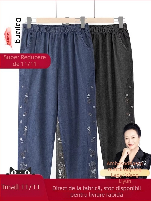 Pantaloni de toamnă pentru femei de vârstă mijlocie și vârstnice, croială lejeră, amestec din bumbac, elasticitate ușoară, lungime 9/10, broderie