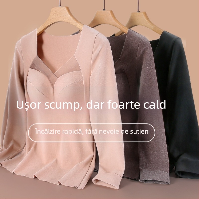 Top termic pentru femei cu pernă pentru sân, decolteu în V, mâneci lungi, material De Velvet acrilic, țesătură foarte groasă