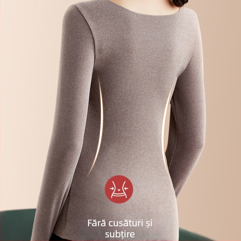 Top termic pentru femei cu pernă pentru sân, decolteu în V, mâneci lungi, material De Velvet acrilic, țesătură foarte groasă