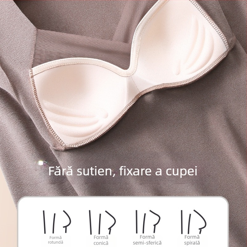 Top termic pentru femei cu pernă pentru sân, decolteu în V, mâneci lungi, material De Velvet acrilic, țesătură foarte groasă