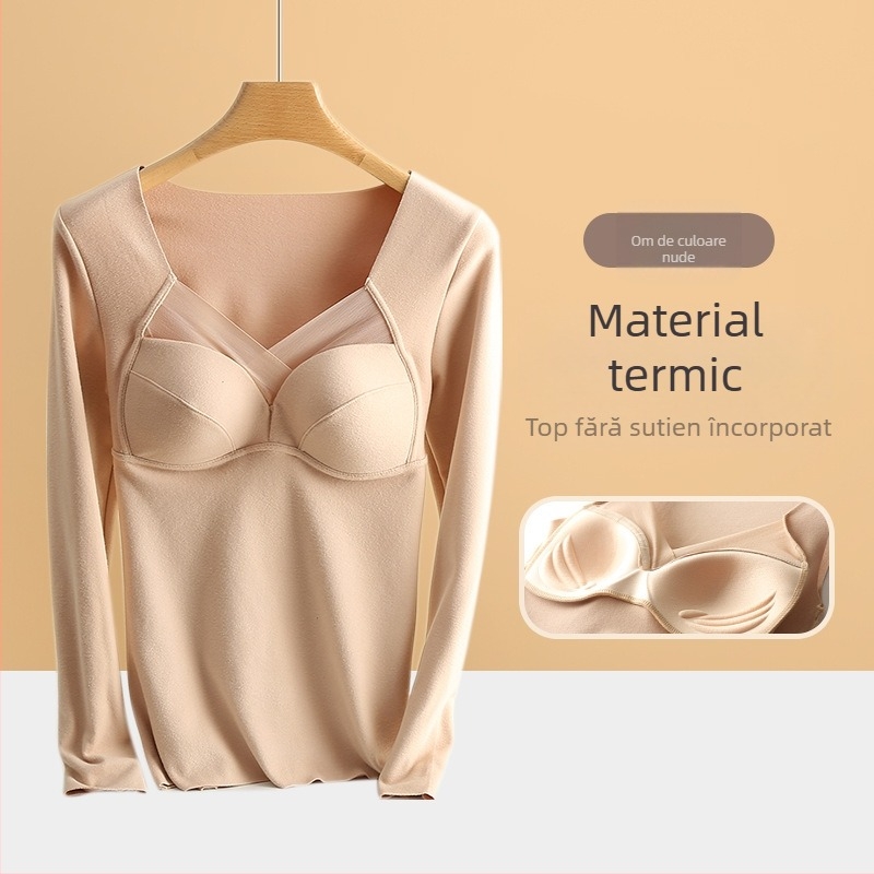 Top termic pentru femei cu pernă pentru sân, decolteu în V, mâneci lungi, material De Velvet acrilic, țesătură foarte groasă