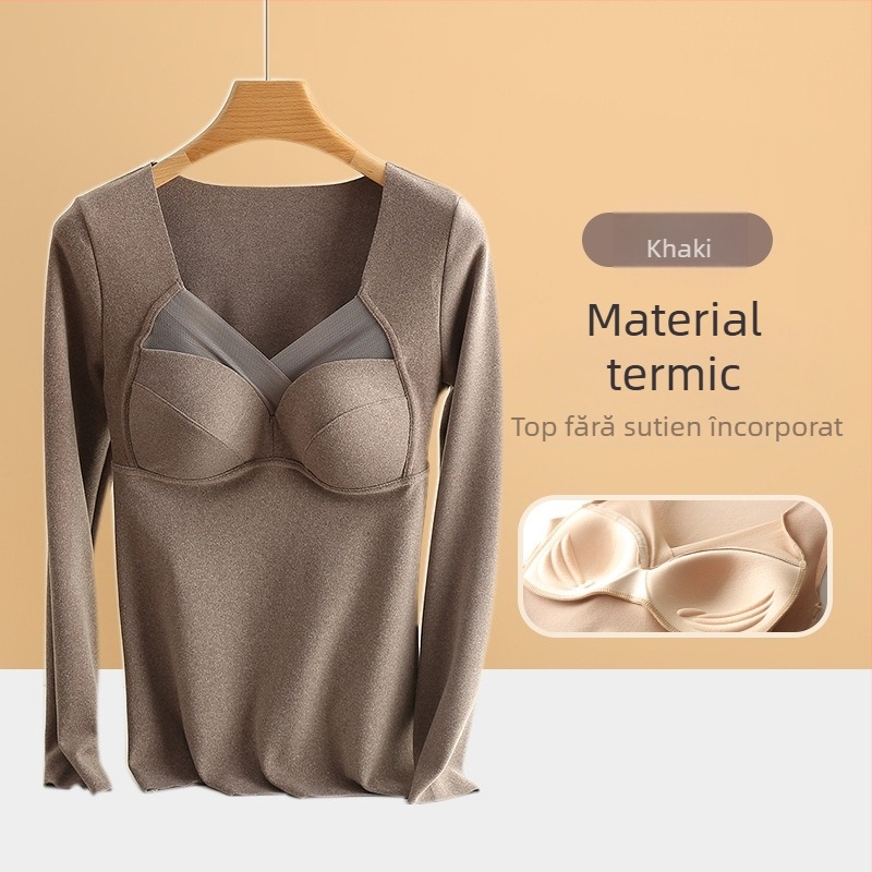 Top termic pentru femei cu pernă pentru sân, decolteu în V, mâneci lungi, material De Velvet acrilic, țesătură foarte groasă