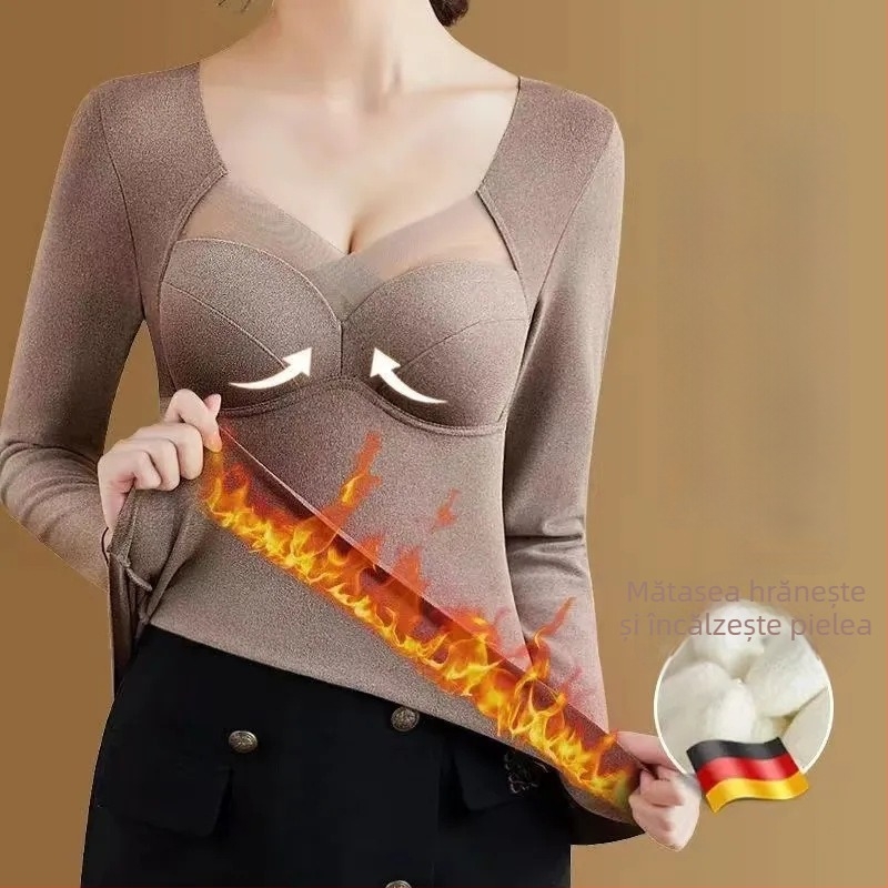 Top termic dintr-o bucată cu pernă pentru bust încorporată, căptușeală din fleece pe interior, mâneci lungi, încălzire