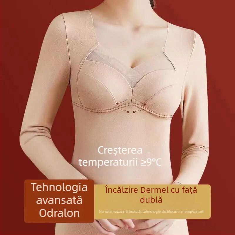 Top termic dintr-o bucată cu pernă pentru bust încorporată, căptușeală din fleece pe interior, mâneci lungi, încălzire