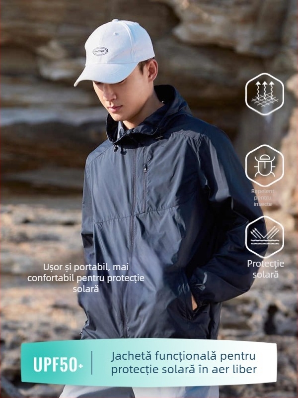 Jachetă de protecție solară pentru exterior, unisex, cu glugă, ușoară, respirabilă, UPF50+