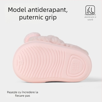 Papuci de casă pentru copii, din bumbac, partea superioară din fleece, talpă EVA, model Cartoon, stil botie/pantof
