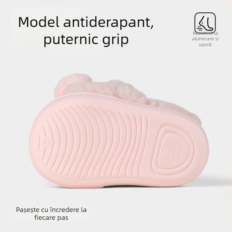 Papuci de casă pentru copii, din bumbac, partea superioară din fleece, talpă EVA, model Cartoon, stil botie/pantof