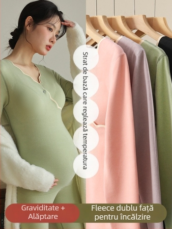 Set de lenjerie termică pentru gravide cu top de alăptare și pantaloni lungi, catifea germană, 80–90% poliester, spandex <30%, mâneci lungi, toamnă-iarnă