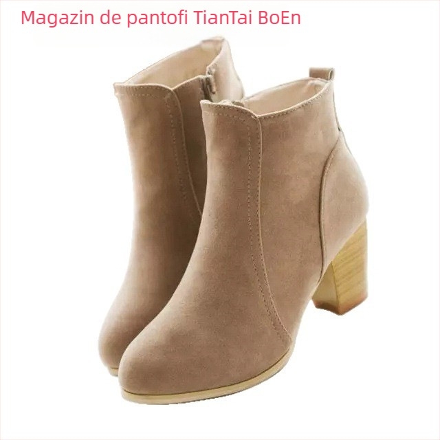Botine de gleznă: vârf rotund, toc gros mediu 3-5 cm, fermoar lateral, gleznă joasă, talpă din cauciuc