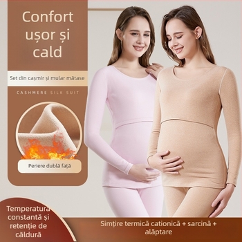 Set de lenjerie termică pentru femei însărcinate cu deschidere pentru alăptare, țesătură din cașmir cu amestec poliester-viscose, top de lungime cu mâneci lungi și pantaloni lungi, iarnă 2023