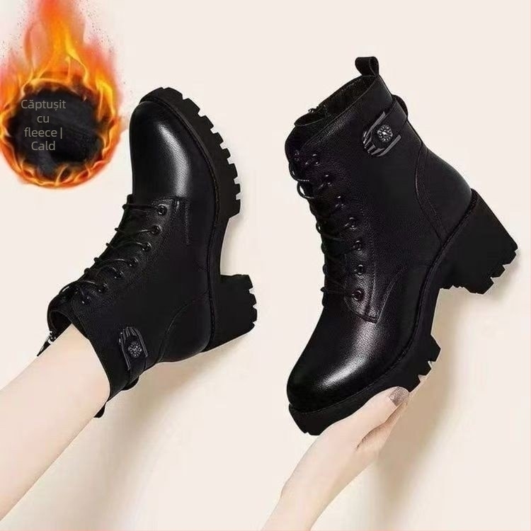 Ghete Martin cu toc gros, până la gambe, fermoar, căptușeală călduroasă, talpă din cauciuc