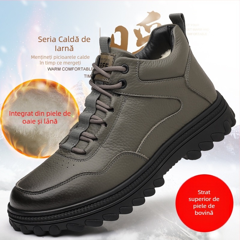 Papuci de casă pentru bărbați din piele de vițel de înaltă calitate, căptuțiți cu lână de oaie, calzi, impermeabili, talpă din cauciuc antiderapant, construcție groasă