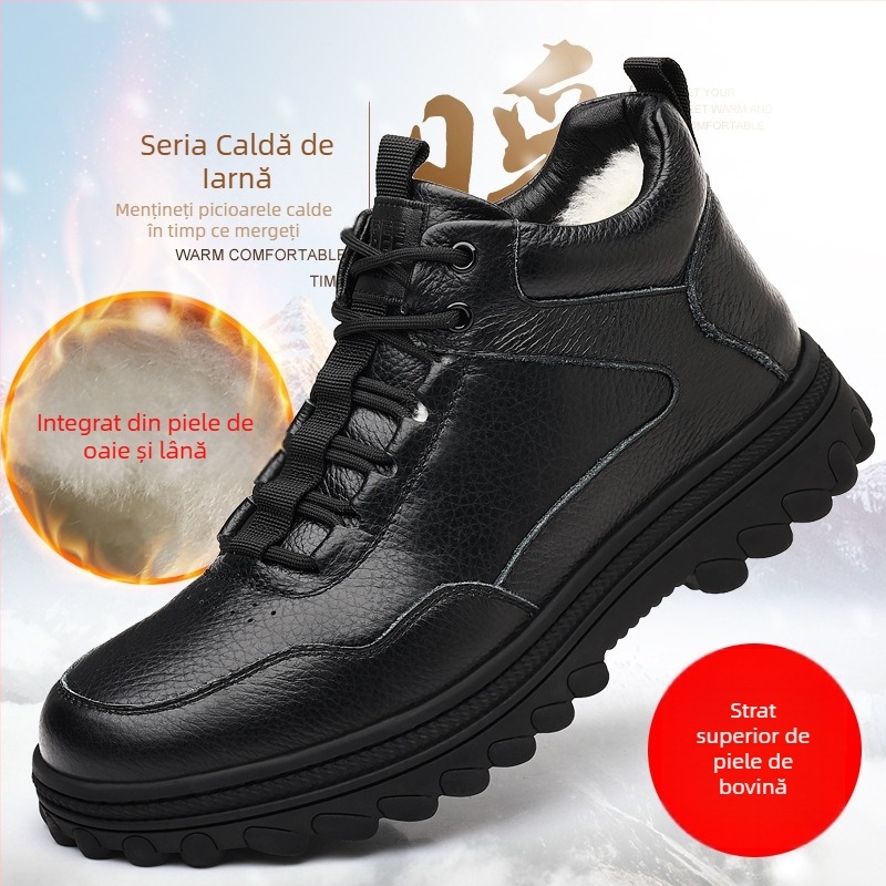 Papuci de casă pentru bărbați din piele de vițel de înaltă calitate, căptuțiți cu lână de oaie, calzi, impermeabili, talpă din cauciuc antiderapant, construcție groasă