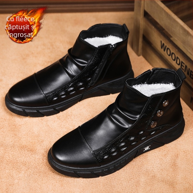 Ghete Martin cu exterior PU cu model crocodil, talpă din cauciuc, înălțime medie a gleznei, fermoar lateral, căptușeală interioară din lână artificială.