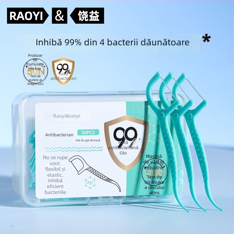 RAOYI bețișoare dentare antibacteriene, din plastic, de unică folosință, cutie cu 50 bucăți pentru curățare interdentală portabilă