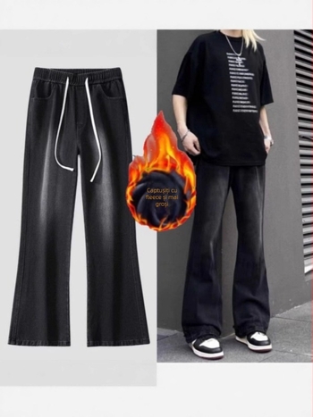 Jeansi din denim pentru bărbați, croială lejeră, drept, talie medie, închidere cu șnur, detalii uzate spălate, 61% bumbac, 19,4% poliester.