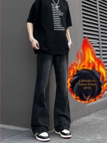 Jeansi din denim pentru bărbați, croială lejeră, drept, talie medie, închidere cu șnur, detalii uzate spălate, 61% bumbac, 19,4% poliester.