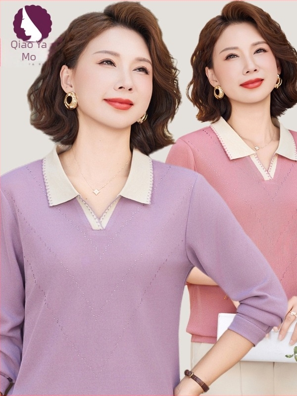 Top tricotat cu mâneci lungi și guler deschis; țesătură principală poliester 80–90%; poliester secundar ≤30%; lungime normală 50–65 cm; stil office/temperament elegant