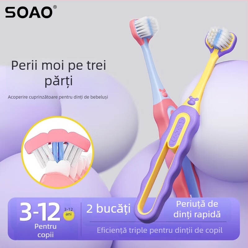 SOAO periuță de dinți pentru copii cu trei fețe — peri moi, set de 2, manuală