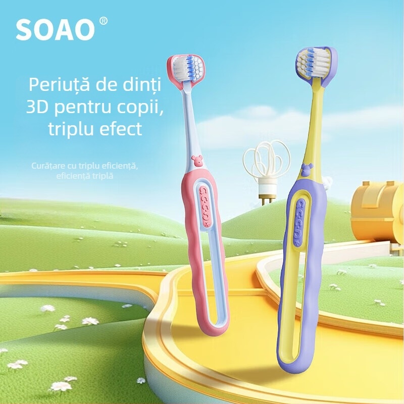 SOAO periuță de dinți pentru copii cu trei fețe — peri moi, set de 2, manuală