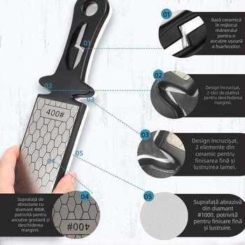 DMD Piatră de ascuțit pentru cuțite de bucătărie – Diamant/Ceramic, granulație duală 400/1000, pentru cuțite, foarfece și altele
