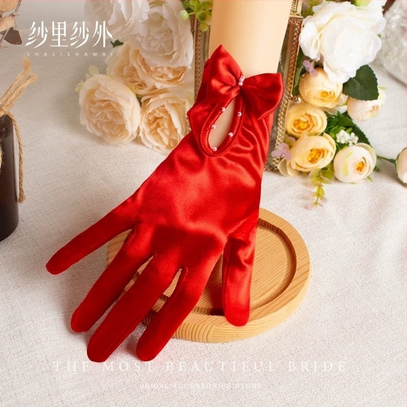 Mănuși de mireasă din satin roșu — accesorii elegante pentru rochia de nuntă și sesiune foto, femei, primăvară, personalizare disponibilă, stil satin