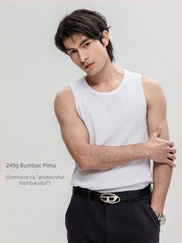 Tricou fără mâneci — culoare solidă, 95% bumbac, țesătură mercerizată, decor cu linie încorporată