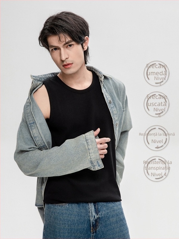 Tricou fără mâneci — culoare solidă, 95% bumbac, țesătură mercerizată, decor cu linie încorporată