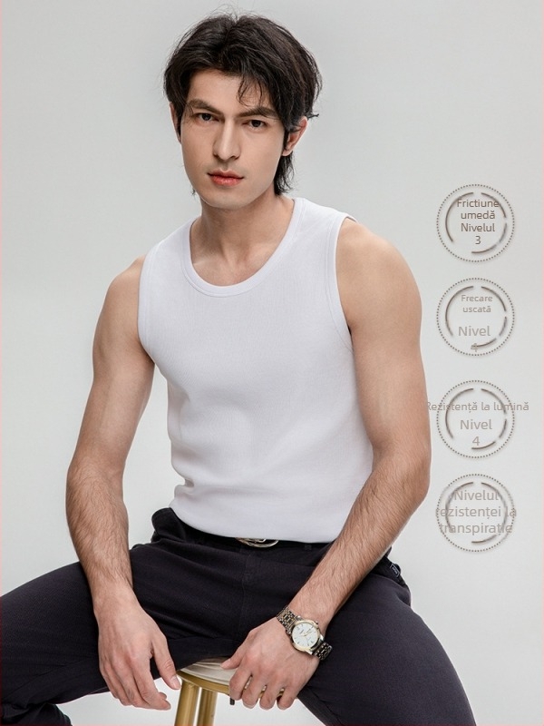 Tricou fără mâneci — culoare solidă, 95% bumbac, țesătură mercerizată, decor cu linie încorporată