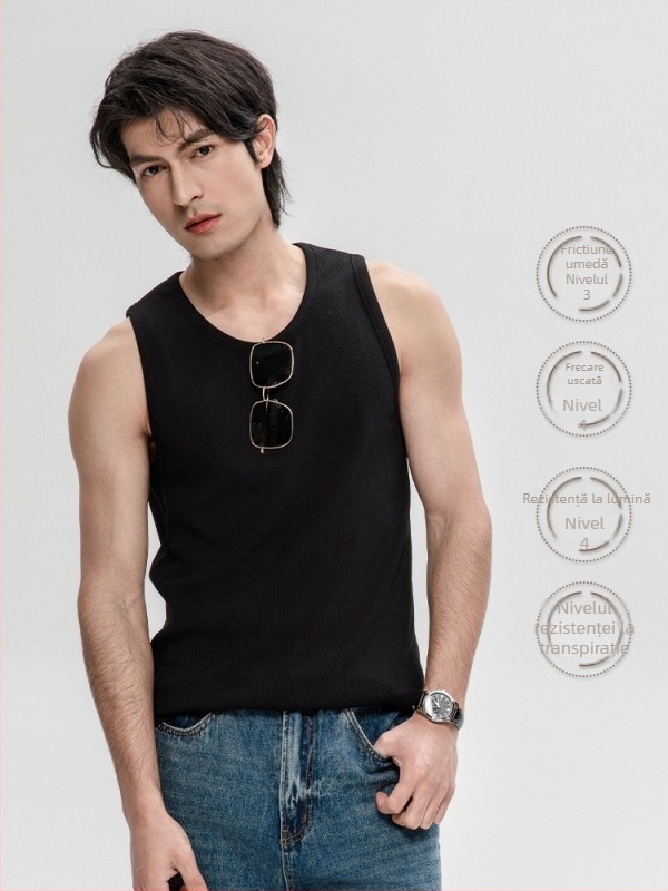 Tricou fără mâneci — culoare solidă, 95% bumbac, țesătură mercerizată, decor cu linie încorporată