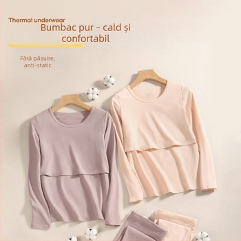 Set maternitate: top tricotat din bumbac cu mâneci bufante, pantaloni lungi, guler rotund, țesătură de greutate medie