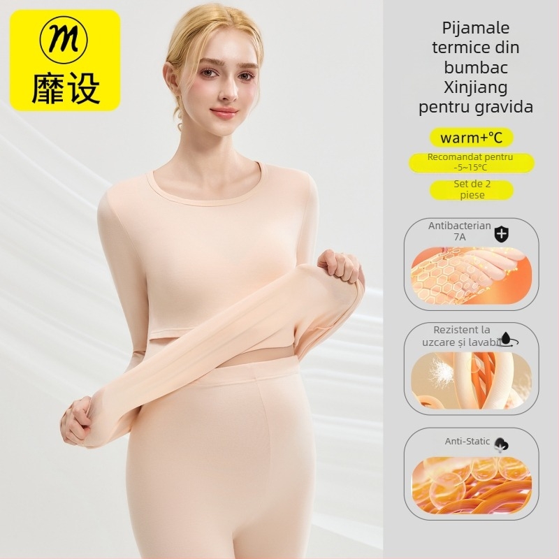 Set maternitate: top tricotat din bumbac cu mâneci bufante, pantaloni lungi, guler rotund, țesătură de greutate medie