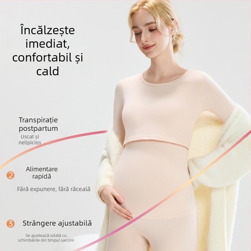 Set maternitate: top tricotat din bumbac cu mâneci bufante, pantaloni lungi, guler rotund, țesătură de greutate medie