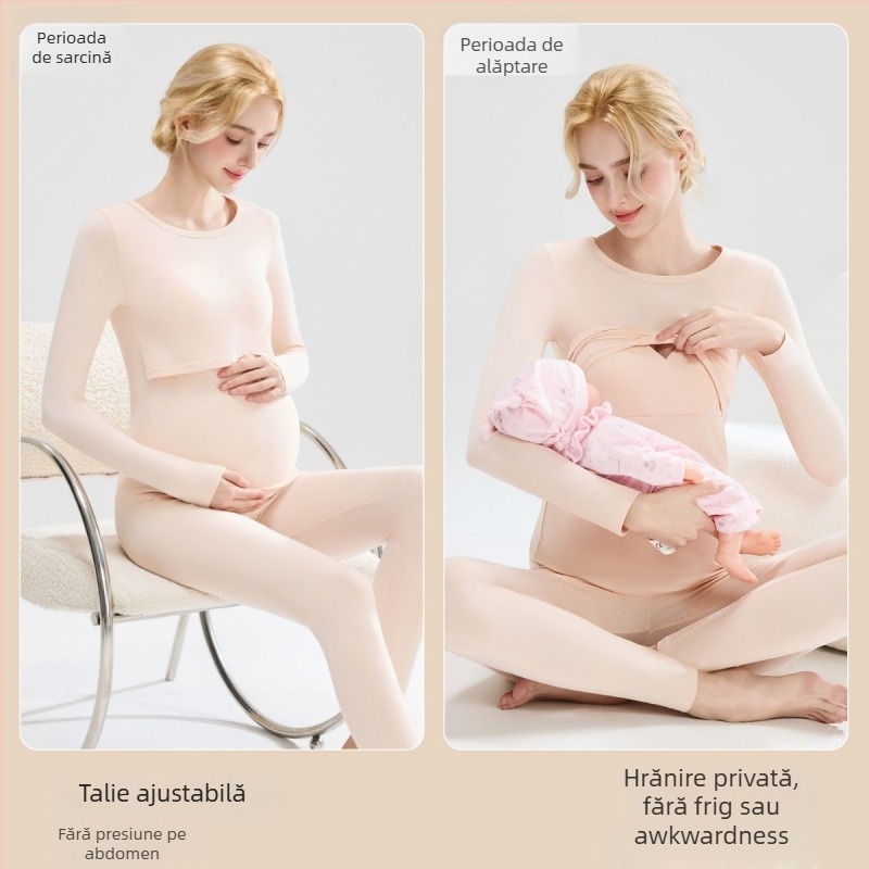 Set maternitate: top tricotat din bumbac cu mâneci bufante, pantaloni lungi, guler rotund, țesătură de greutate medie