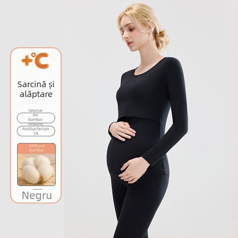 Set maternitate: top tricotat din bumbac cu mâneci bufante, pantaloni lungi, guler rotund, țesătură de greutate medie