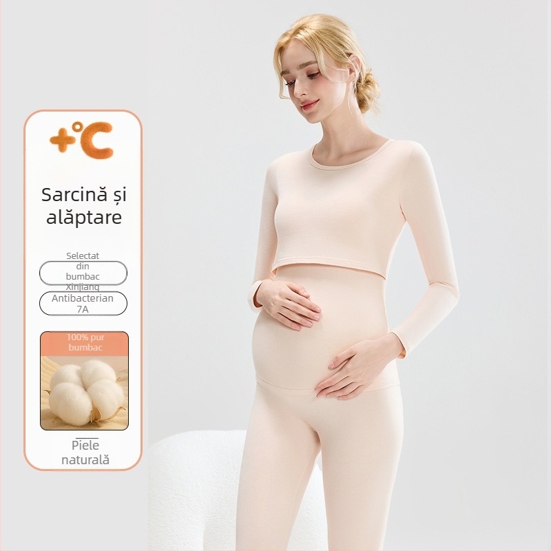 Set maternitate: top tricotat din bumbac cu mâneci bufante, pantaloni lungi, guler rotund, țesătură de greutate medie