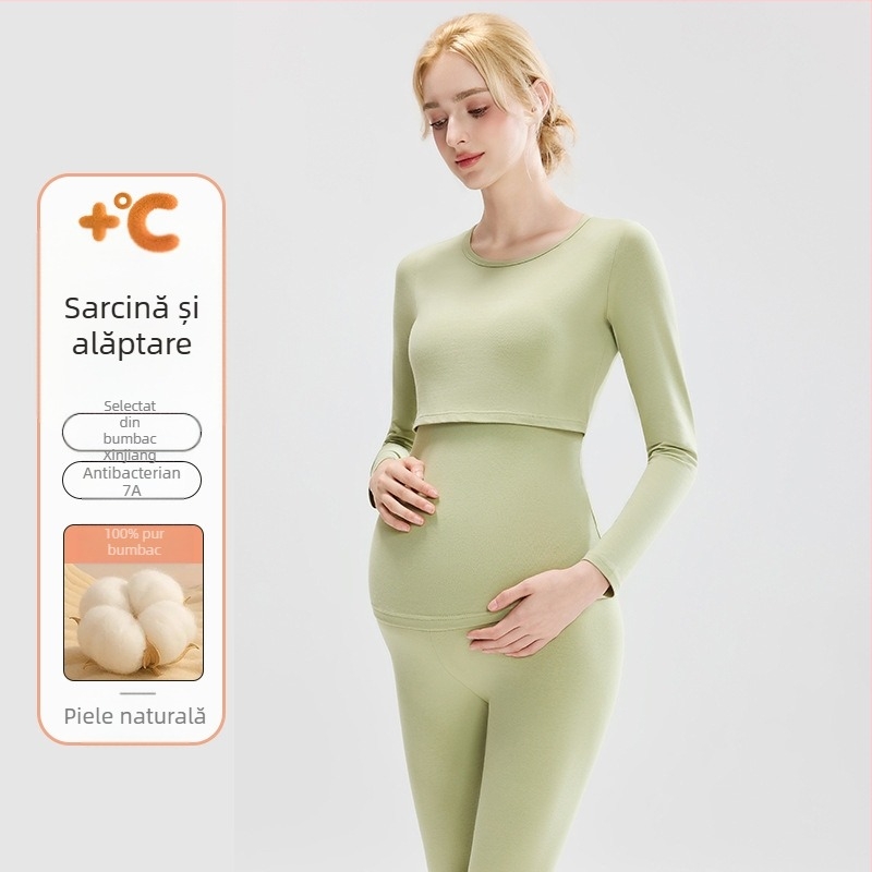 Set maternitate: top tricotat din bumbac cu mâneci bufante, pantaloni lungi, guler rotund, țesătură de greutate medie