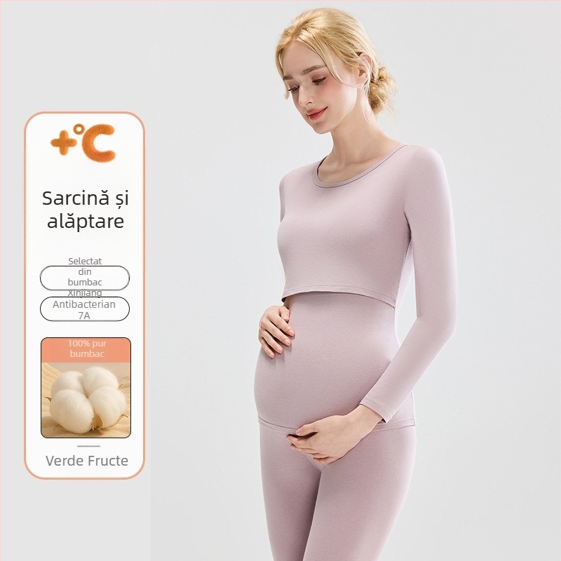 Set maternitate: top tricotat din bumbac cu mâneci bufante, pantaloni lungi, guler rotund, țesătură de greutate medie