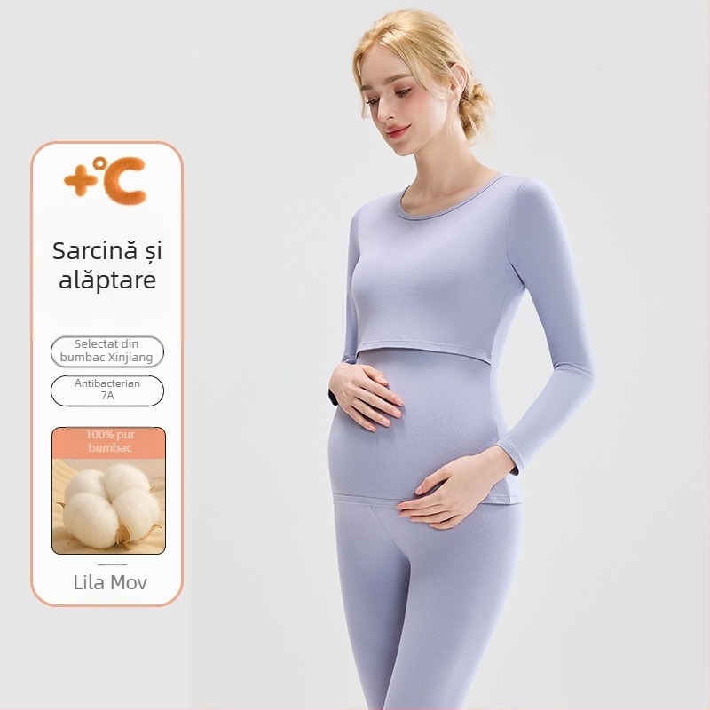 Set maternitate: top tricotat din bumbac cu mâneci bufante, pantaloni lungi, guler rotund, țesătură de greutate medie