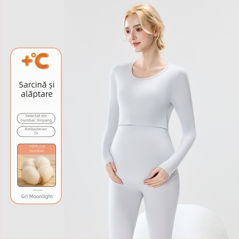 Set maternitate: top tricotat din bumbac cu mâneci bufante, pantaloni lungi, guler rotund, țesătură de greutate medie