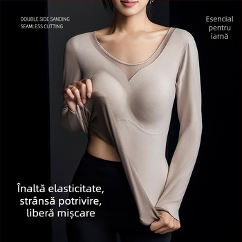 Top termic pentru femei, cu sutien integrat și pernă pentru bust, mâneci lungi, țesătură groasă din poliester, cald, culoare solidă