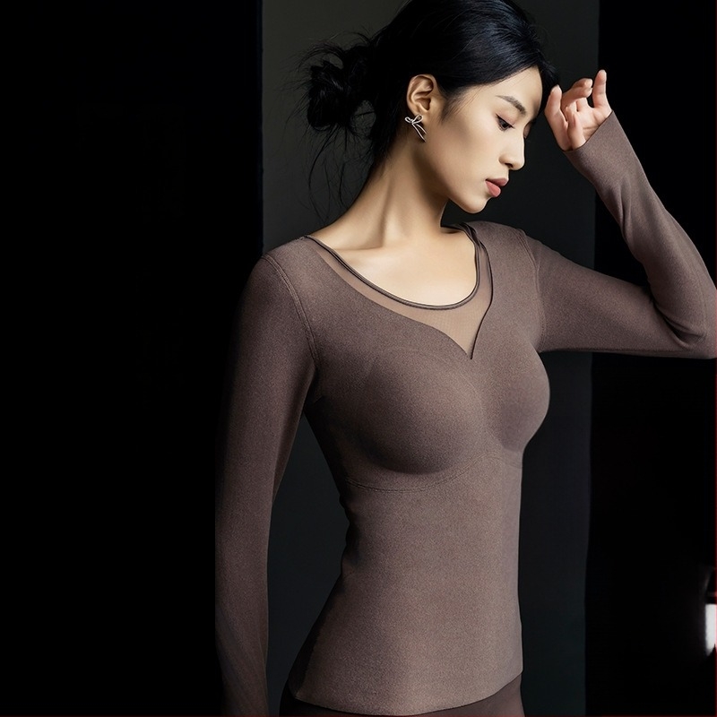Top termic pentru femei, cu sutien integrat și pernă pentru bust, mâneci lungi, țesătură groasă din poliester, cald, culoare solidă