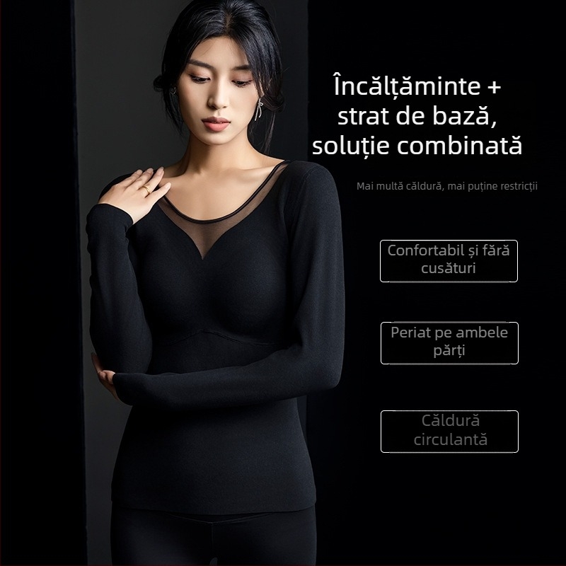 Top termic pentru femei, cu sutien integrat și pernă pentru bust, mâneci lungi, țesătură groasă din poliester, cald, culoare solidă