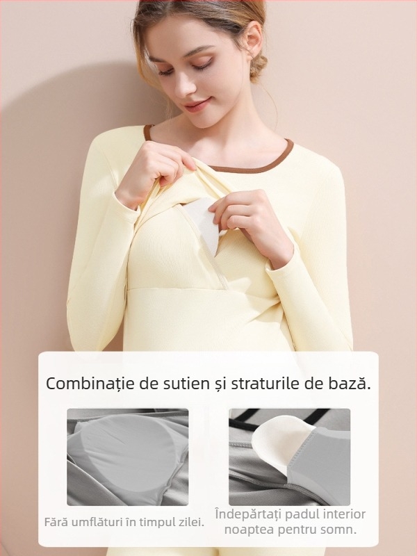 Set matern pentru toamnă-iarna cu acces pentru alăptare (top și pantaloni) — mâneci lungi, poliester 90–95%, fără cute, cu pernuțe detașabile pentru sâni